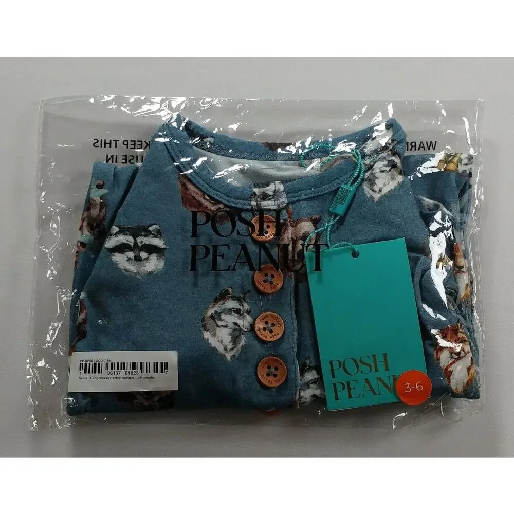 Posh Peanut One Piece Henley Romper Scout 3-6 months Animals Soft Bamboo